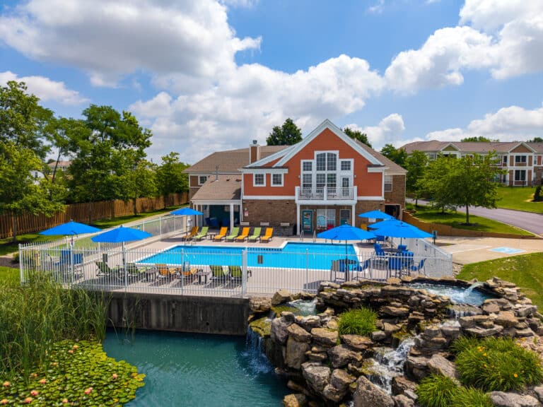 Austin Springs drone photo of pool and clubhouse.